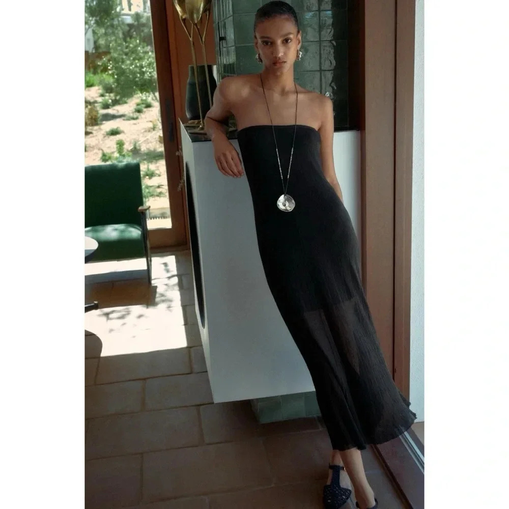 NWT Zara Long Fine Knit Strapless Dress in Black Silk Blend 0014/002 Small